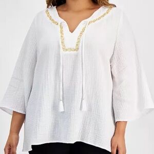 JM Collection Light Beige Top with Gold Details - plus size